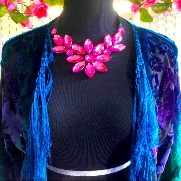 Pink Rhinestone Floral Statement Necklace Flower Crystal Bib - Picture 4 of 8